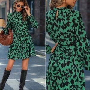 NWOT Privé Mock Neck Allover Print Belted Dress